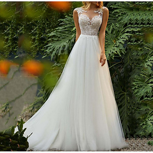 

A-Line Jewel Neck Sweep / Brush Train Tulle Regular Straps Mordern Illusion Detail Made-To-Measure Wedding Dresses with Lace Insert 2020