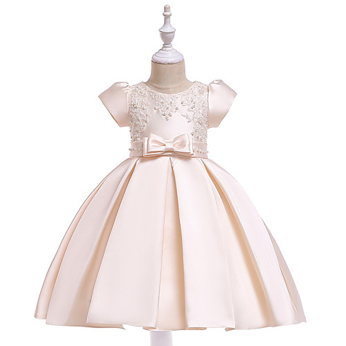 

A-Line Knee Length Flower Girl Dress - Cotton Blend Short Sleeve Jewel Neck with Petal / Pearls / Sash / Ribbon
