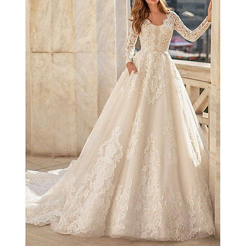 

A-Line Jewel Neck Court Train Lace Long Sleeve Vintage Illusion Detail Made-To-Measure Wedding Dresses with Appliques / Buttons 2020