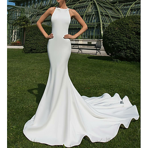 

Sheath / Column Jewel Neck Court Train Satin Regular Straps Made-To-Measure Wedding Dresses with Appliques 2020