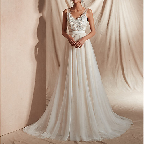 

A-Line V Neck Sweep / Brush Train Tulle Regular Straps Mordern Illusion Detail Made-To-Measure Wedding Dresses with Beading / Appliques 2020