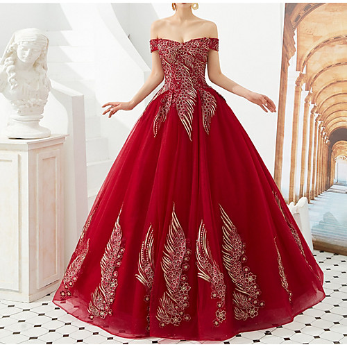 

A-Line Off Shoulder Floor Length Lace Short Sleeve Made-To-Measure Wedding Dresses with Appliques / Crystals 2020
