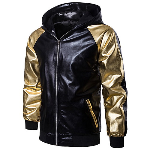 

Муж. Повседневные Обычная Куртка, Контрастных цветов Капюшон Длинный рукав Полиэстер Черный / Золотой