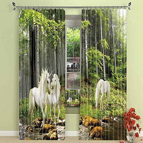 

White Horse Digital Printing in The Woods 3D Curtain Shading Curtain High Precision Black Silk Fabric High Quality Curtain