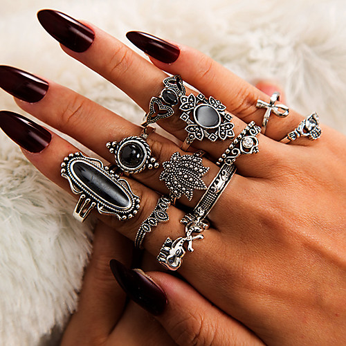 

Women's Ring Ring Set 11pcs Silver Rhinestone Alloy irregular Vintage Trendy Ethnic Daily Street Jewelry Retro Elephant Heart Crown