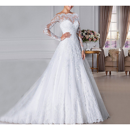 

A-Line Off Shoulder Sweep / Brush Train Lace Long Sleeve Formal Illusion Detail Made-To-Measure Wedding Dresses with Crystals 2020