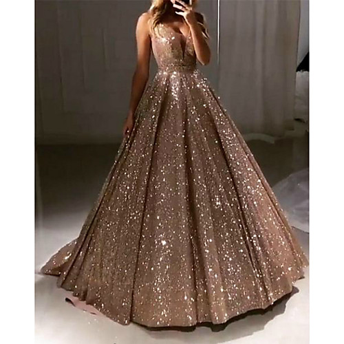 

Ball Gown V Neck Sweep / Brush Train Satin Sparkle / Gold Prom / Quinceanera Dress with Sequin / Pleats 2020