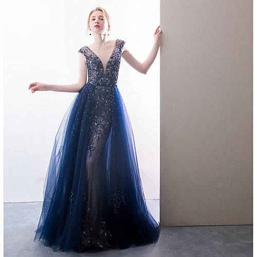 

A-Line V Neck Sweep / Brush Train Lace / Tulle Sparkle / Blue Prom / Formal Evening Dress with Beading / Crystals 2020