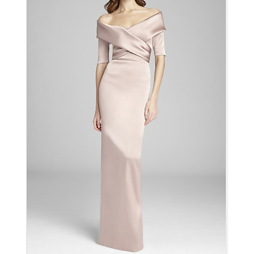 

Sheath / Column Off Shoulder Floor Length Satin Short Sleeve Elegant & Luxurious Mother of the Bride Dress with Ruching Mother's Day 2020