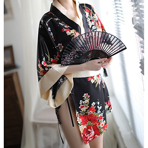 

Women's Print Kimono Nightwear Floral / Color Block Black Red One-Size / Super Sexy