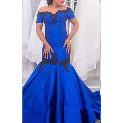 

A-Line Off Shoulder Court Train Polyester Elegant Formal Evening Dress 2020 with Appliques