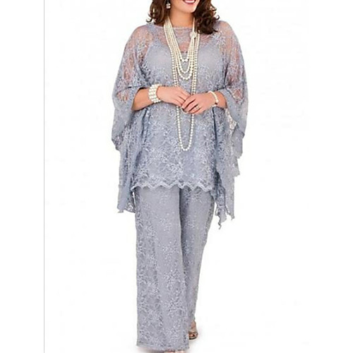 

Pantsuit / Jumpsuit Jewel Neck Floor Length Chiffon Long Sleeve Plus Size Mother of the Bride Dress with Lace Mother's Day 2020