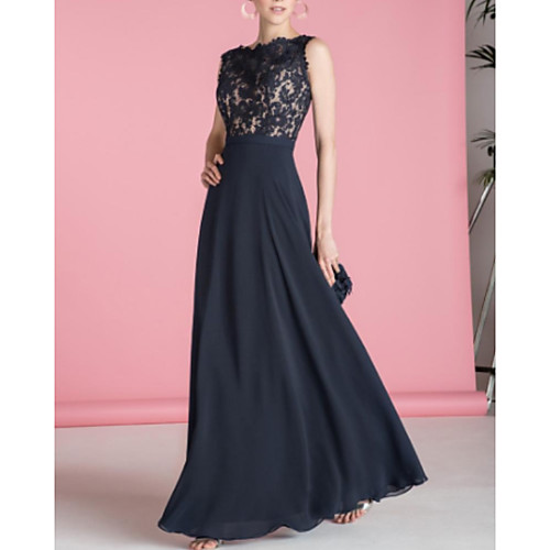

A-Line Scalloped Neckline Floor Length Chiffon Open Back Formal Evening Dress 2020 with Lace Insert