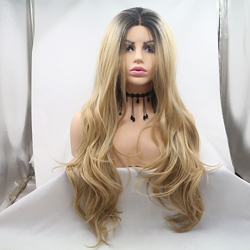 

Synthetic Lace Front Wig Body Wave Layered Haircut Lace Front Wig Medium Length Black / Gold Synthetic Hair 26 inch Women's Women Black / Blonde Sylvia