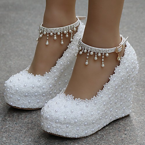 

Women's Wedding Shoes Glitter Crystal Sequined Jeweled Wedge Heel Round Toe PU Fall & Winter White / Party & Evening