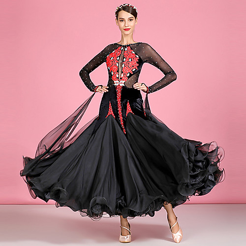 

Ballroom Dance Dresses Women's Performance Chiffon / Tulle / Velvet Appliques / Split Joint / Crystals / Rhinestones Long Sleeve High Dress