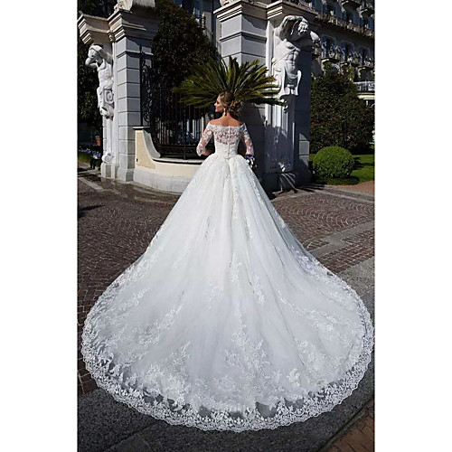 

Ball Gown Off Shoulder Chapel Train Lace / Tulle / Lace Over Satin Half Sleeve Formal Sparkle & Shine / Illusion Sleeve Wedding Dresses with Lace / Appliques 2020