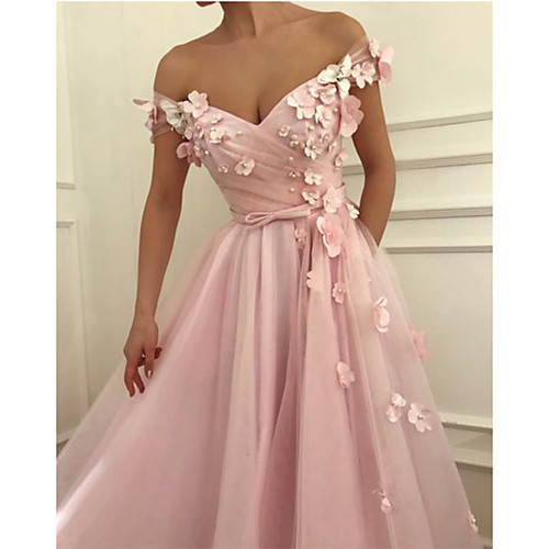 

A-Line Off Shoulder Floor Length Chiffon Floral / Cute Prom Dress with Appliques / Bow(s) 2020