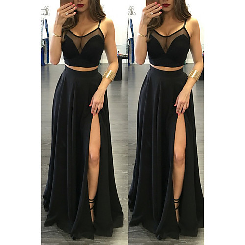 

A-Line Spaghetti Strap Sweep / Brush Train Chiffon Two Piece / Furcal Prom Dress 2020 with Split Front