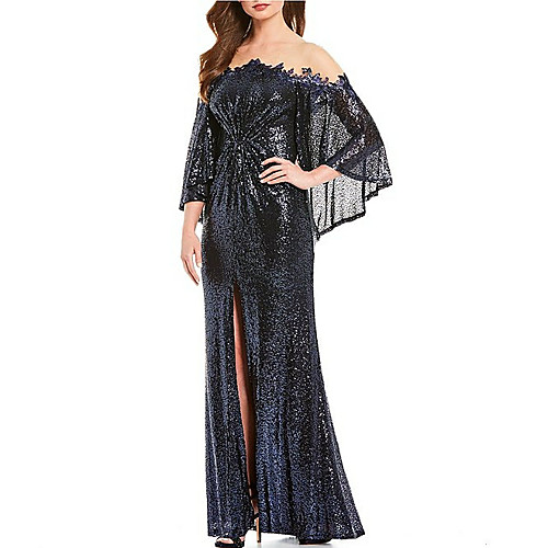 

Sheath / Column Jewel Neck Floor Length Sequined 3/4 Length Sleeve Sexy / Sparkle & Shine Mother of the Bride Dress with Split Front / Ruching 2020