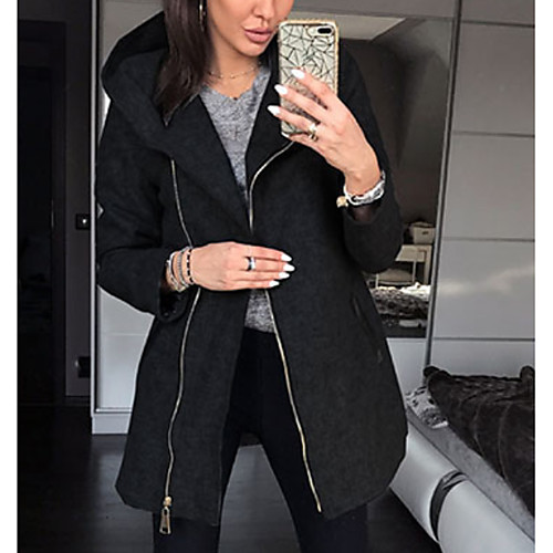 

Women's Daily Long Coat, Solid Colored Hooded Long Sleeve Polyester Black / Red / Gray