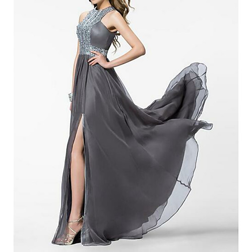 

A-Line Jewel Neck Sweep / Brush Train Chiffon Empire / Grey Prom / Formal Evening Dress with Crystals / Split Front 2020