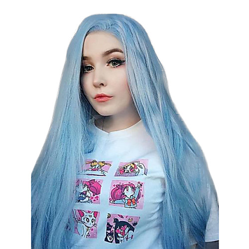 

Synthetic Lace Front Wig Straight Side Part Lace Front Wig Long Sky Blue Synthetic Hair 18-26 inch Women's Cosplay Soft Adjustable Blue