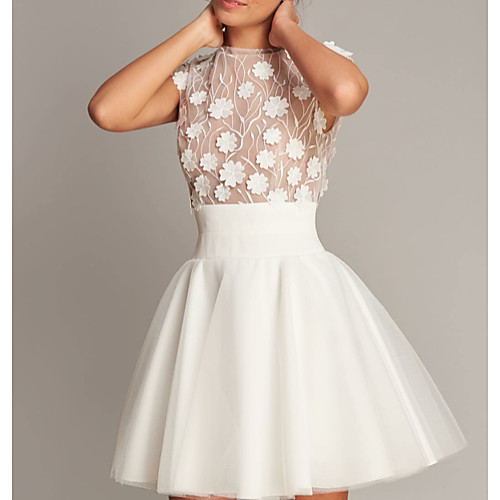 

A-Line Jewel Neck Short / Mini Tulle Bridesmaid Dress with Appliques / Open Back