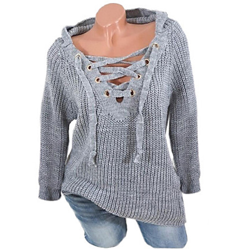 

Women's Casual Lace up Solid Colored Long Sleeve Pullover Sweater Jumper, V Neck Spring / Fall / Winter Black / White / Blushing Pink S / M / L