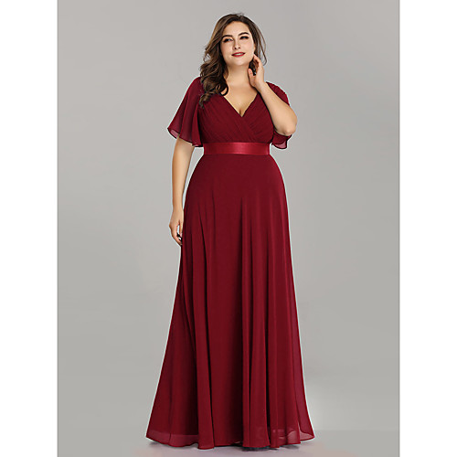 

A-Line V Neck Floor Length Chiffon Short Sleeve Elegant / Plus Size Mother of the Bride Dress with Sash / Ribbon / Ruching Mother's Day 2020 / Petal Sleeve