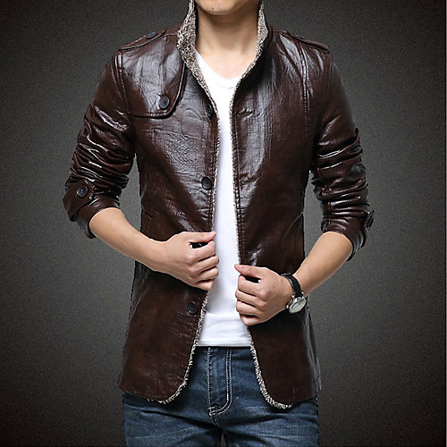 

Men's Daily Basic Fall & Winter Regular Jacket, Solid Colored Shirt Collar Long Sleeve Polyester Black / Brown / Khaki