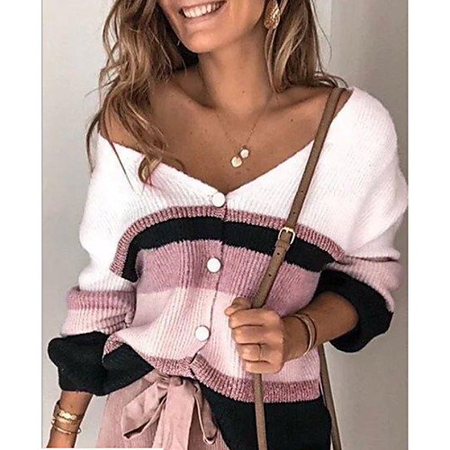 

Women's Color Block Long Sleeve Cardigan Sweater Jumper, V Neck Purple / Blushing Pink / Blue S / M / L