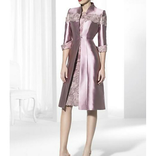 

Sheath / Column High Neck Knee Length Satin 3/4 Length Sleeve Wrap Included Mother of the Bride Dress with Lace Mother's Day 2020