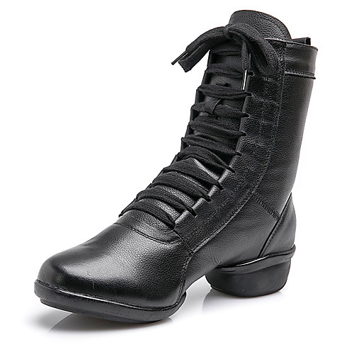 

Women's Dance Shoes Cowhide Dance Boots Splicing Boots Thick Heel Black