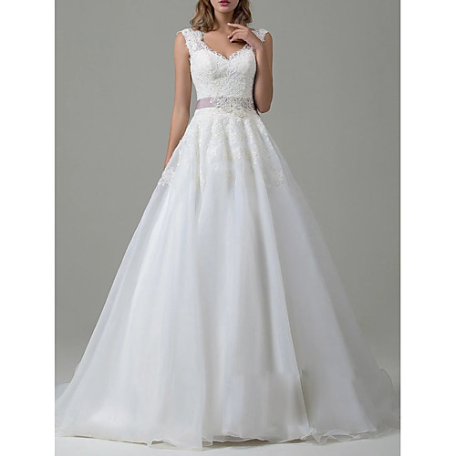 

A-Line V Neck Sweep / Brush Train Tulle Regular Straps Formal Illusion Detail Made-To-Measure Wedding Dresses with Sashes / Ribbons / Lace Insert 2020