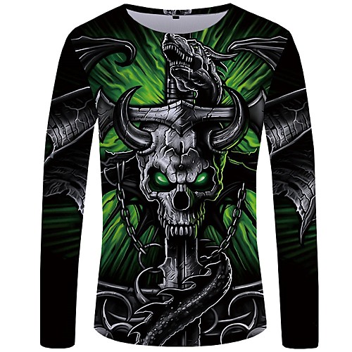 

Men's 3D Graphic Slim T-shirt Daily Round Neck Green / Long Sleeve