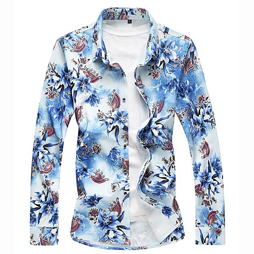 

Men's Going out Club Street chic / Elegant Shirt - Geometric / Color Block Print Light Blue