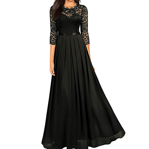 

A-Line Jewel Neck Floor Length Lace Empire / Black Formal Evening / Wedding Guest Dress with Lace Insert 2020