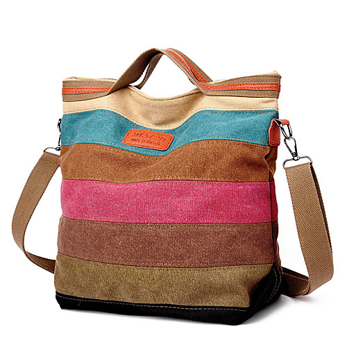 

Women's Zipper Canvas Top Handle Bag Striped Rainbow