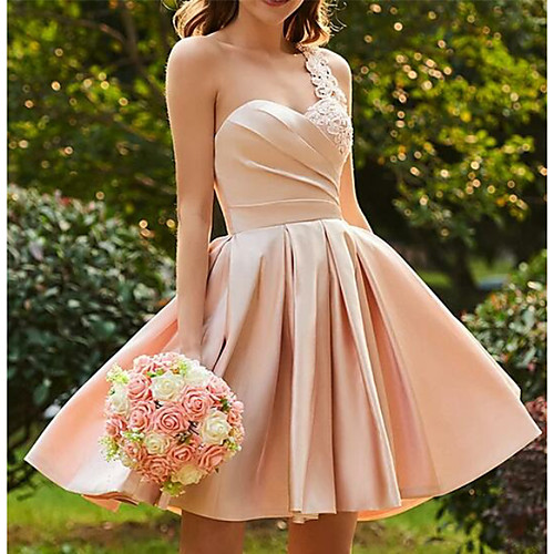 

A-Line One Shoulder Short / Mini Satin Hot / Pink Cocktail Party / Wedding Guest Dress with Appliques / Pleats 2020