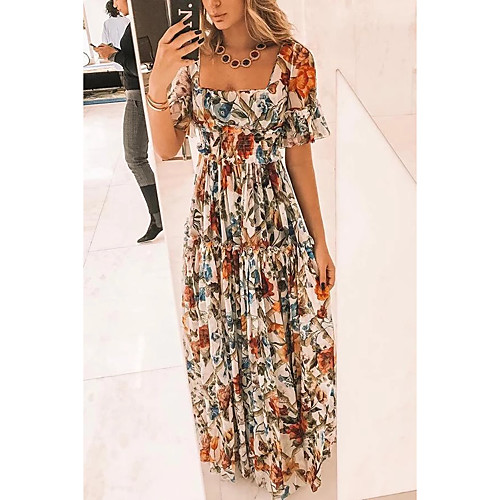 

Women's Elegant Swing Dress - Floral Beige S M L XL