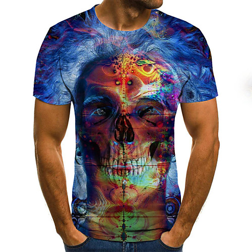 

Men's Daily Holiday Street chic / Exaggerated T-shirt - Color Block / 3D / Skull Print Blue