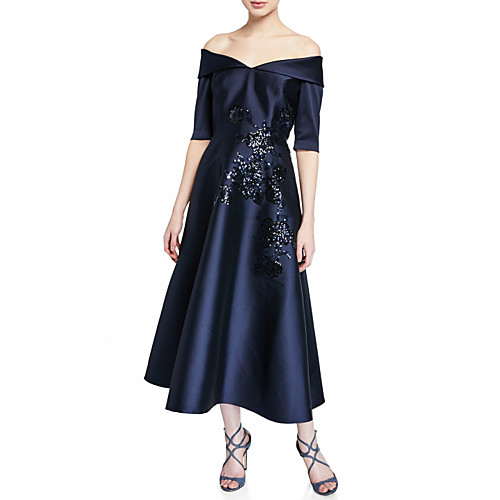 

A-Line Off Shoulder Ankle Length Satin / Sequined Half Sleeve Elegant & Luxurious Mother of the Bride Dress with Ruching Mother's Day 2020
