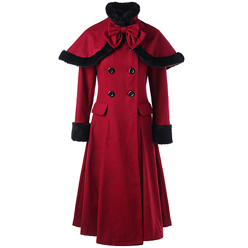 

Women's Party / Daily Vintage / Sophisticated Fall & Winter Long Coat, Solid Colored Turtleneck Long Sleeve Nylon Bow / Patchwork / Drawstring Red