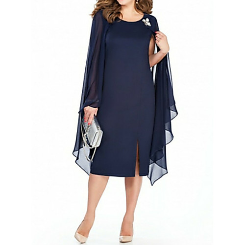 

Sheath / Column Jewel Neck Tea Length Chiffon Long Sleeve Plus Size Mother of the Bride Dress with Crystal Brooch Mother's Day 2020