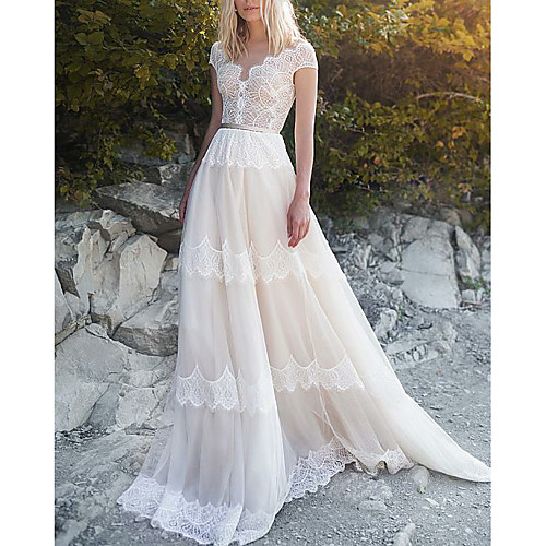 

A-Line V Neck Sweep / Brush Train Tulle Cap Sleeve Illusion Detail / Backless Wedding Dresses with Sashes / Ribbons 2020