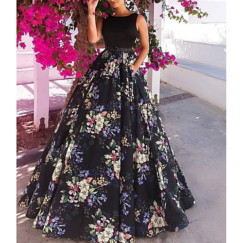 

A-Line Floral Prom Formal Evening Dress Jewel Neck Sleeveless Floor Length Satin with Beading Pattern / Print 2020