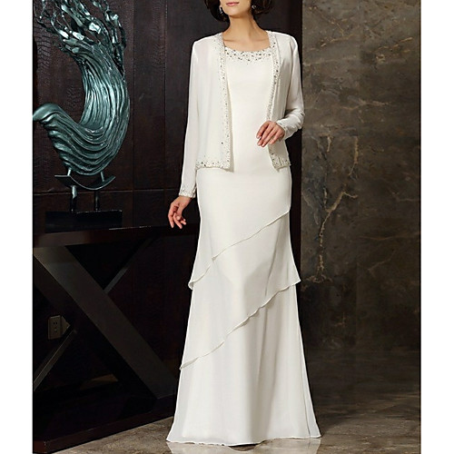 

Sheath / Column Jewel Neck Floor Length Chiffon Long Sleeve Elegant & Luxurious Mother of the Bride Dress with Beading / Tier Mother's Day 2020