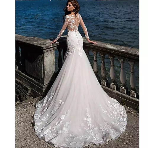 

Mermaid / Trumpet Bateau Neck Chapel Train Lace / Tulle / Lace Over Satin Long Sleeve Beautiful Back Made-To-Measure Wedding Dresses with Beading / Appliques 2020