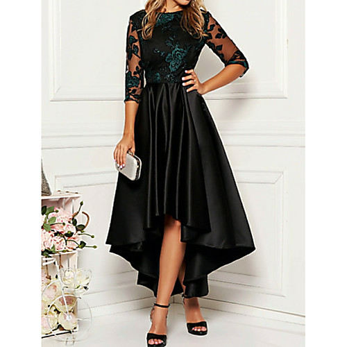 

A-Line Jewel Neck Asymmetrical Satin 3/4 Length Sleeve Elegant & Luxurious Mother of the Bride Dress with Appliques Mother's Day 2020